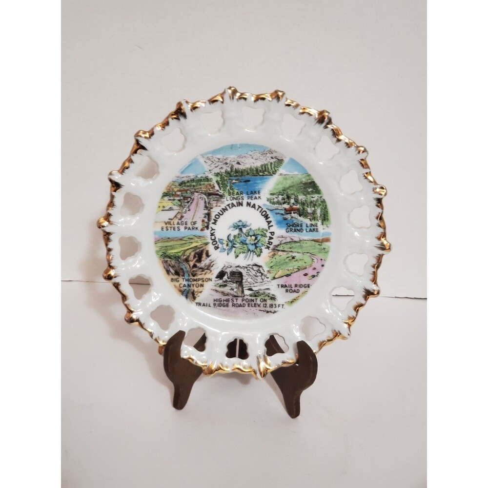 Rocky Mountain National Park Plate Collector Travel Souvenir Pierced Gold Trim